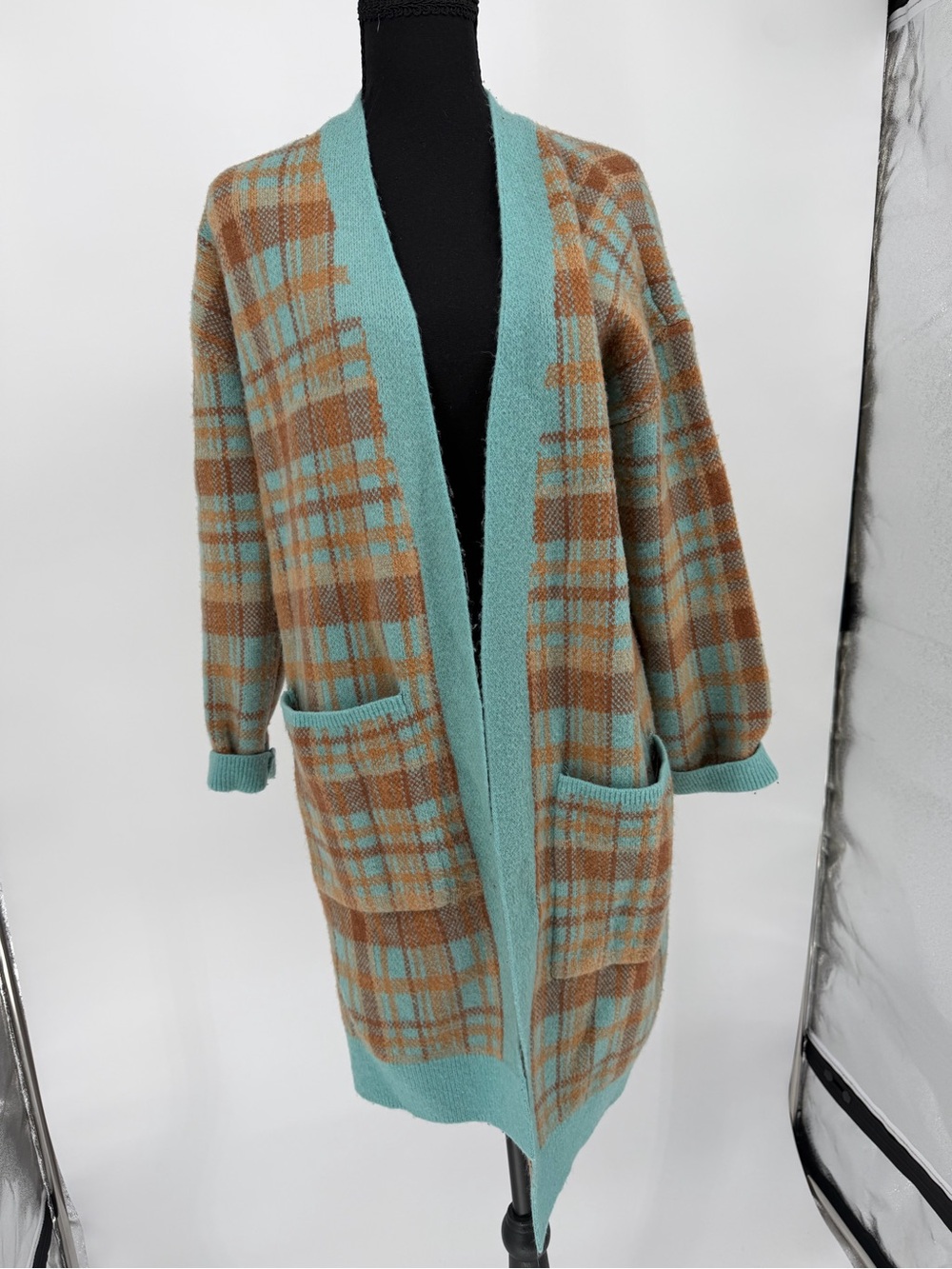 Talbots‎ Cozy Plaid Open-Front Long Cardigan Sweater - Aqua & Brown